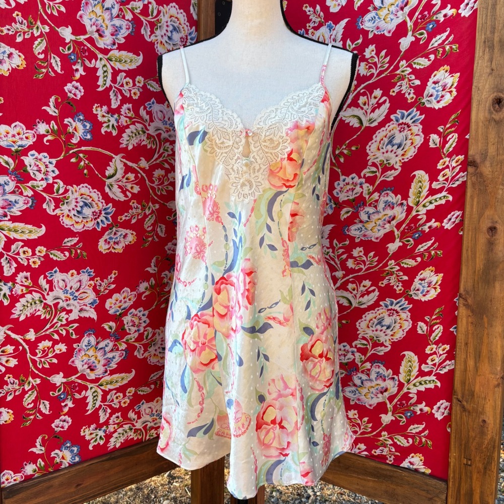 Vintage Satin Lace Trim Floral+Polka Dot Whimsy Mini Slip Dress Women's Size S-M